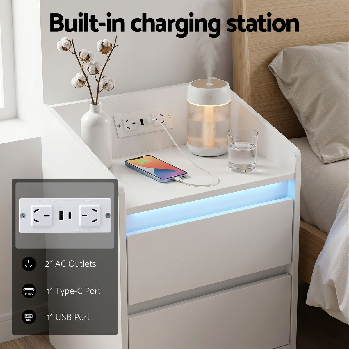Bedside Table Nightstand with Charging Station