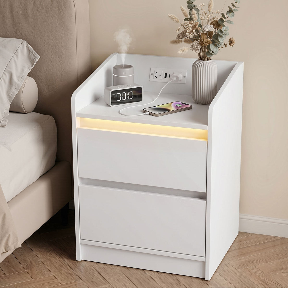 Bedside Table Nightstand with Charging Station