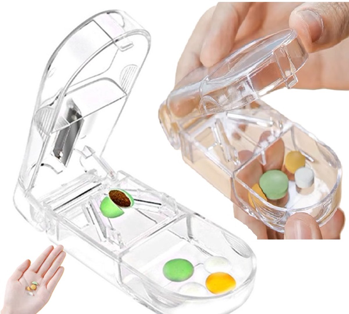 2-in-1 Pill Cutter & Storage Box – Stainless Steel with UV Protection – Transparent