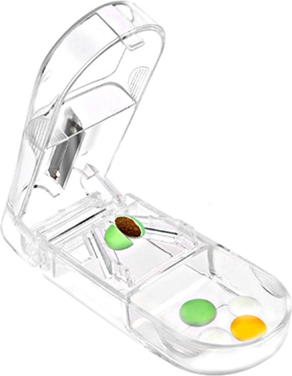 2-in-1 Pill Cutter & Storage Box – Stainless Steel with UV Protection – Transparent