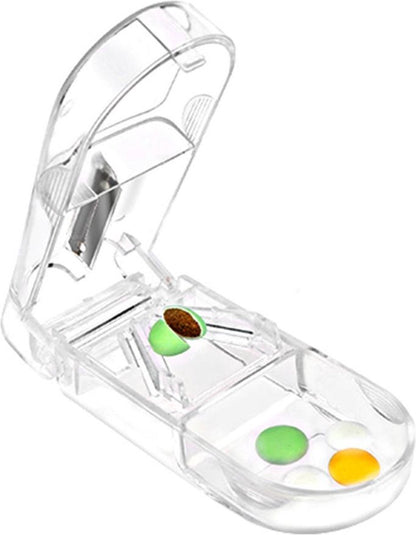 2-in-1 Pill Cutter & Storage Box – Stainless Steel with UV Protection – Transparent