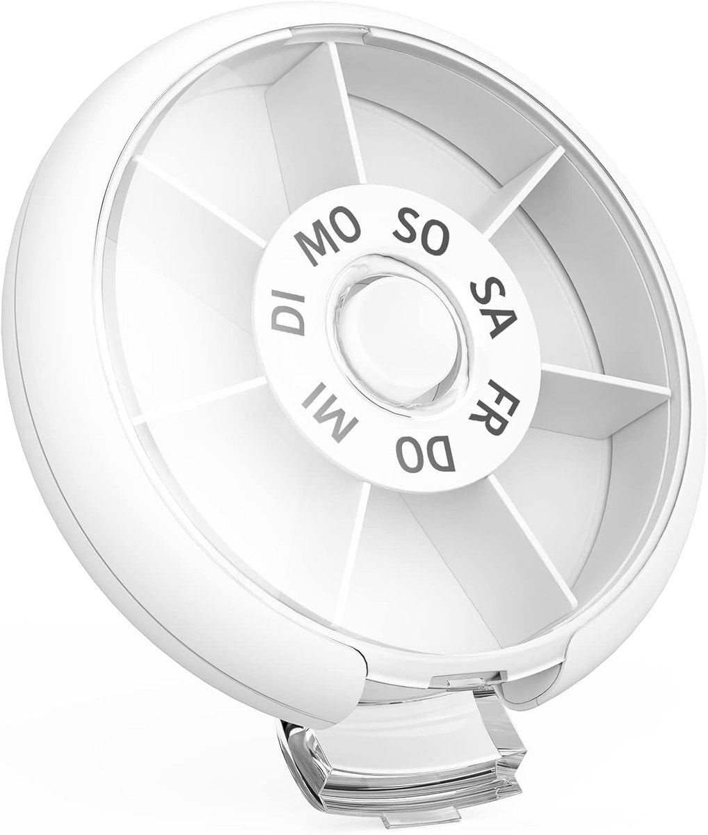 7-Day Round Pill Box – One-Button Release, BPA-Free, Portable – White