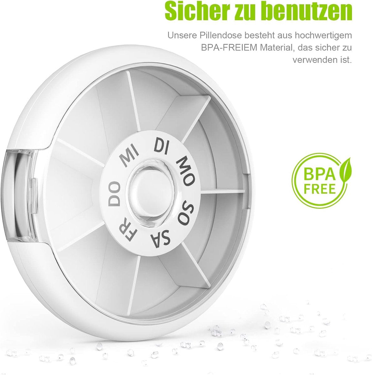 7-Day Round Pill Box – One-Button Release, BPA-Free, Portable – White