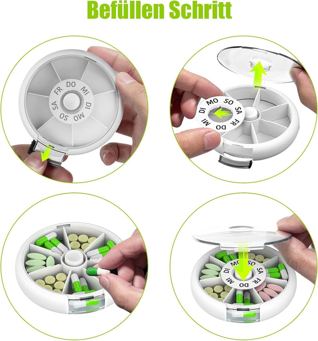 7-Day Round Pill Box – One-Button Release, BPA-Free, Portable – White