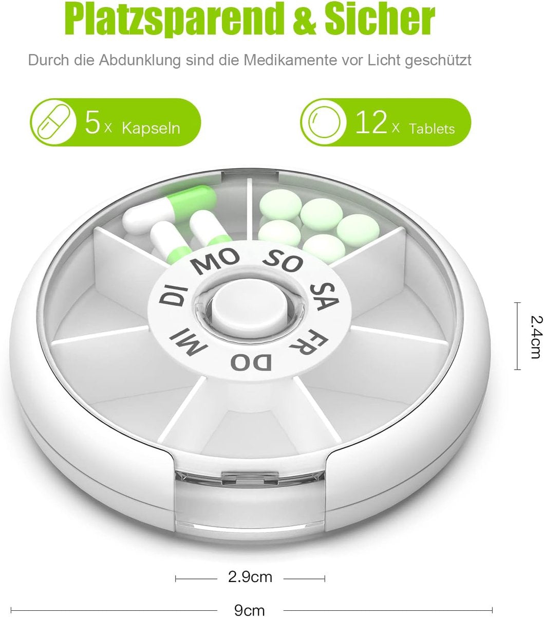7-Day Round Pill Box – One-Button Release, BPA-Free, Portable – White