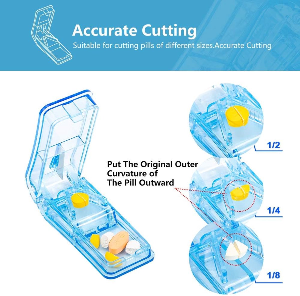 Pill Cutter & Splitter – BPA-Free V-Groove Design for Small & Large Pills – Blue