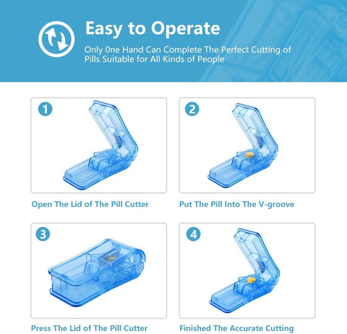 Pill Cutter & Splitter – BPA-Free V-Groove Design for Small & Large Pills – Blue