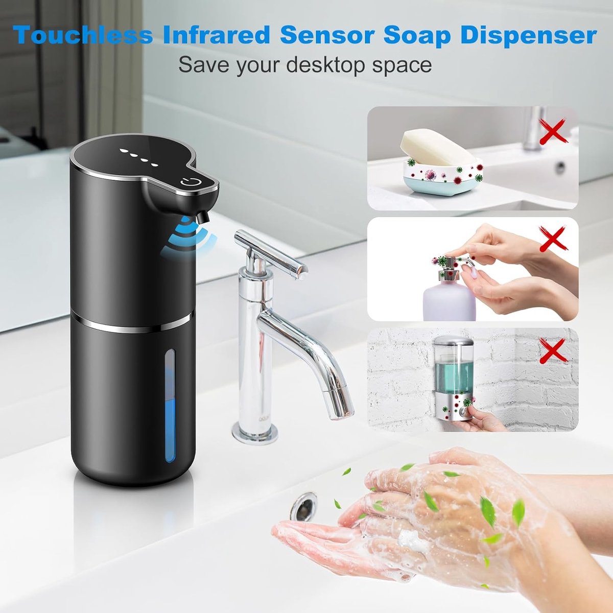 Touchless Foam Soap Dispenser – 350ml USB Rechargeable, 4 Levels – Black