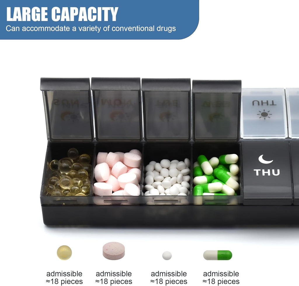 Weekly AM PM Pill Organiser – 7 Day Twice-Daily Pill Box (Black & White)