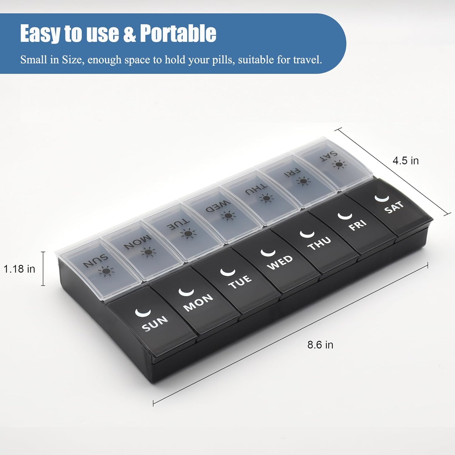 Weekly AM PM Pill Organiser – 7 Day Twice-Daily Pill Box (Black & White)