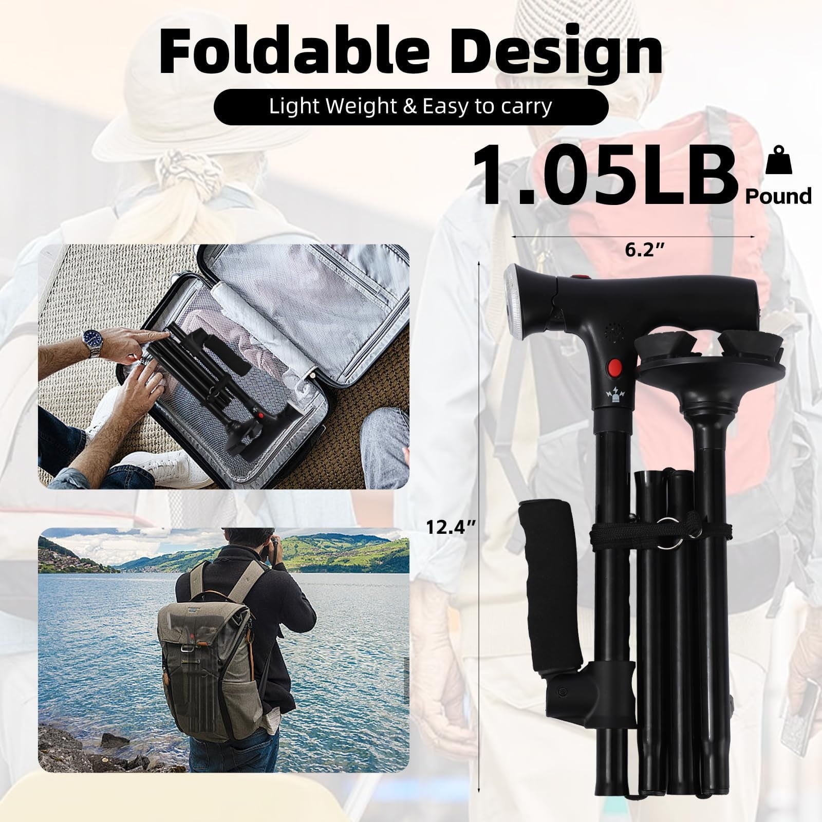 Folding Walking Cane with LED Light & Alarm – Heavy Duty