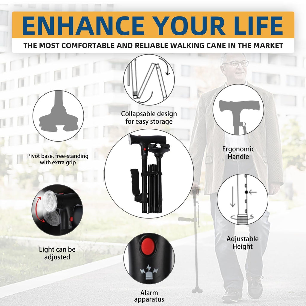 Folding Walking Cane with LED Light & Alarm – Heavy Duty