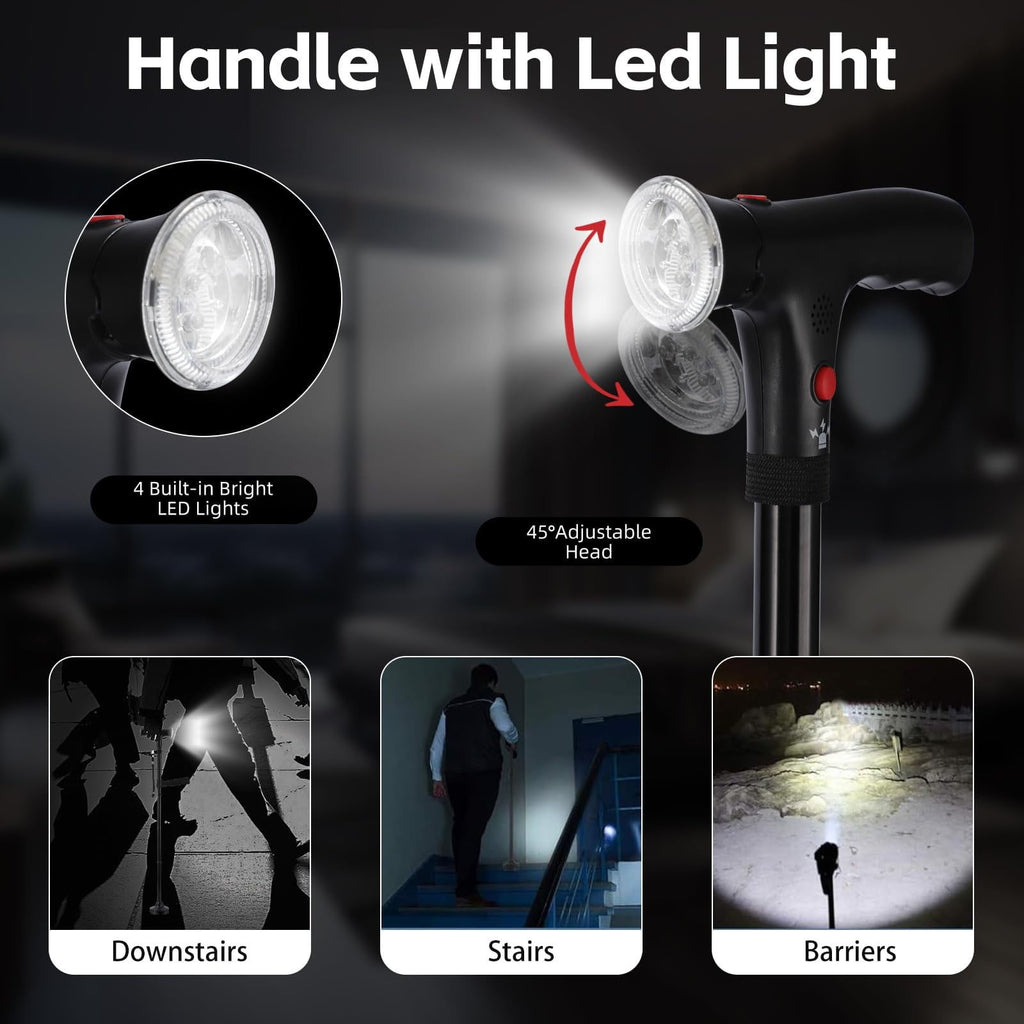 Folding Walking Cane with LED Light & Alarm – Heavy Duty