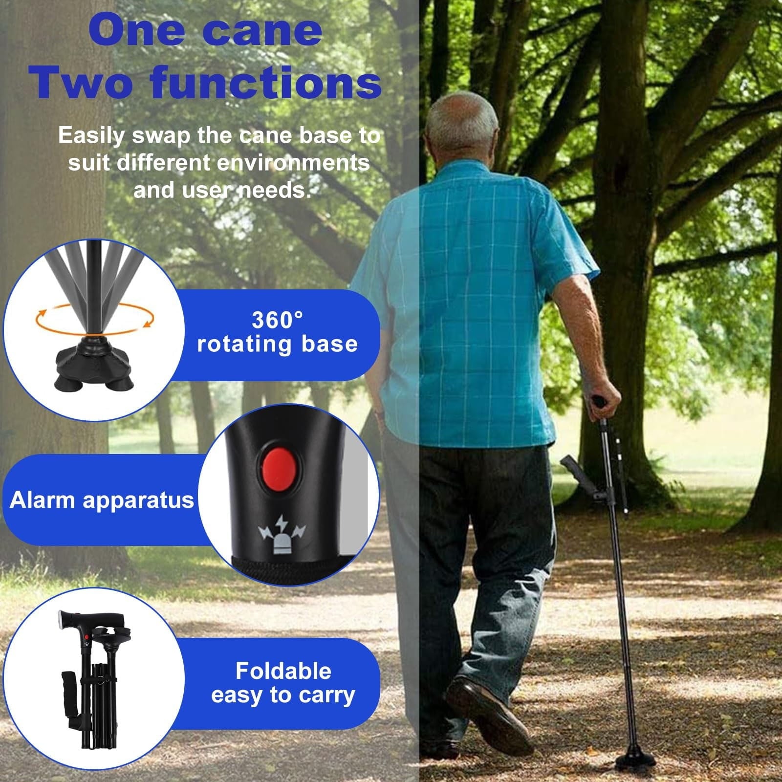 Folding Walking Cane with LED Light & Alarm – Heavy Duty