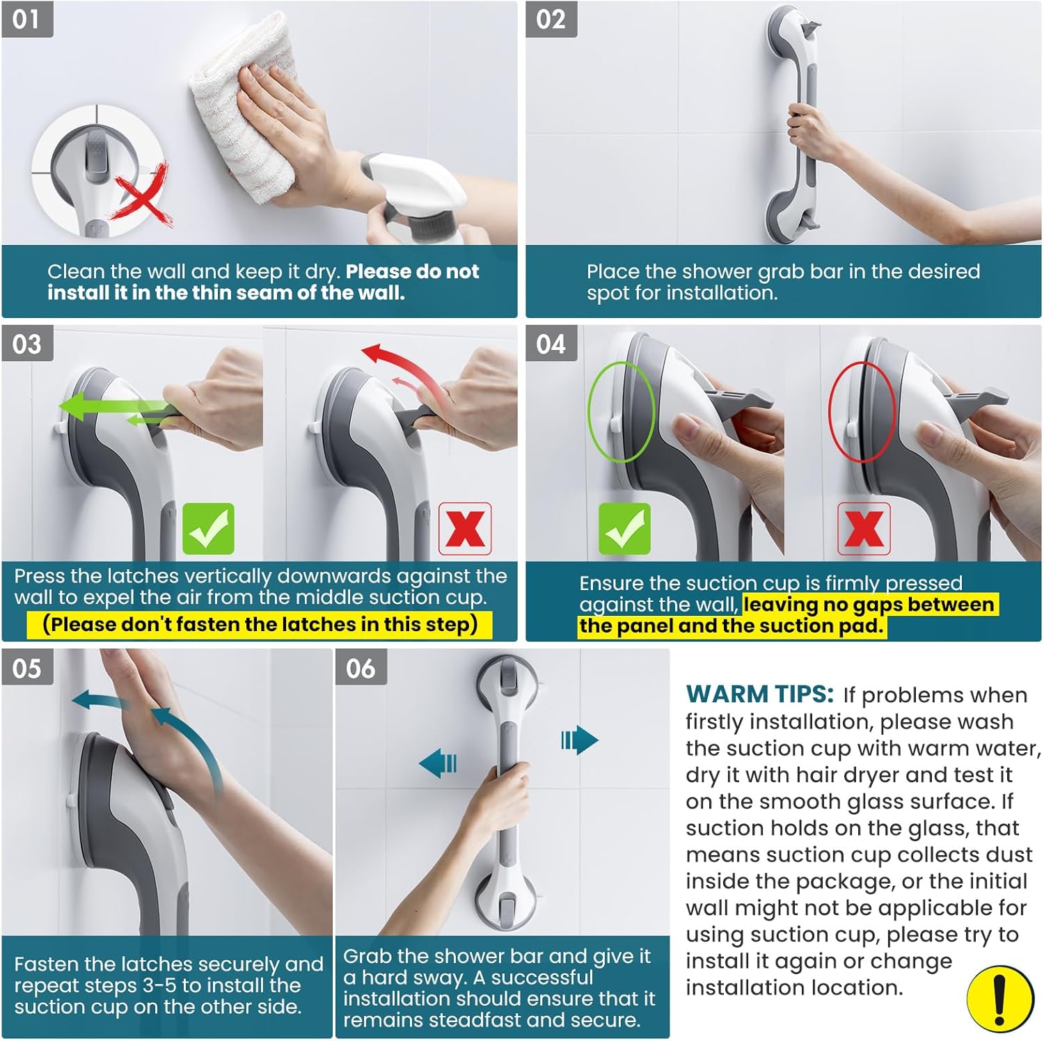 Suction Grab Bars for Shower & Bathtub 2-Pack – Grey