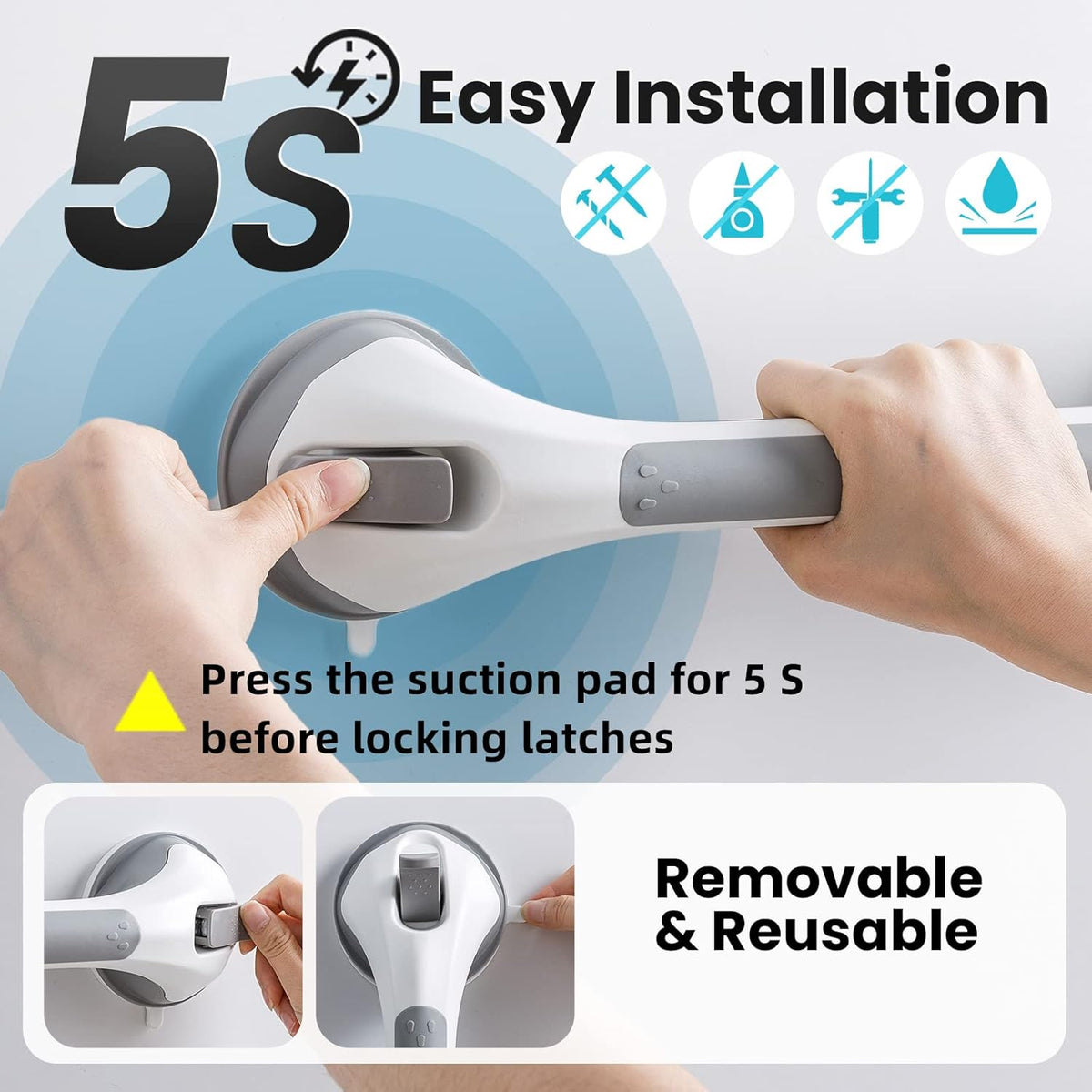 Suction Grab Bars for Shower & Bathtub 2-Pack – Grey