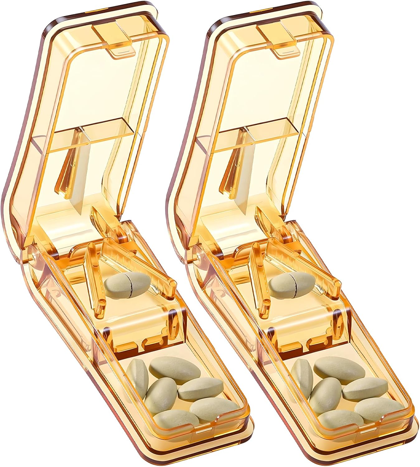 Professional Pill Cutter – 2-Pack, V-Groove Blade Guard, BPA-Free – Brown