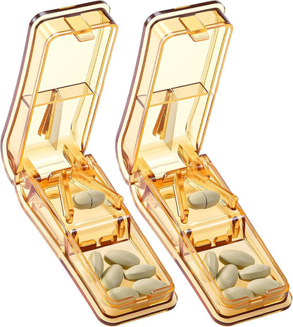 Professional Pill Cutter – 2-Pack, V-Groove Blade Guard, BPA-Free – Brown