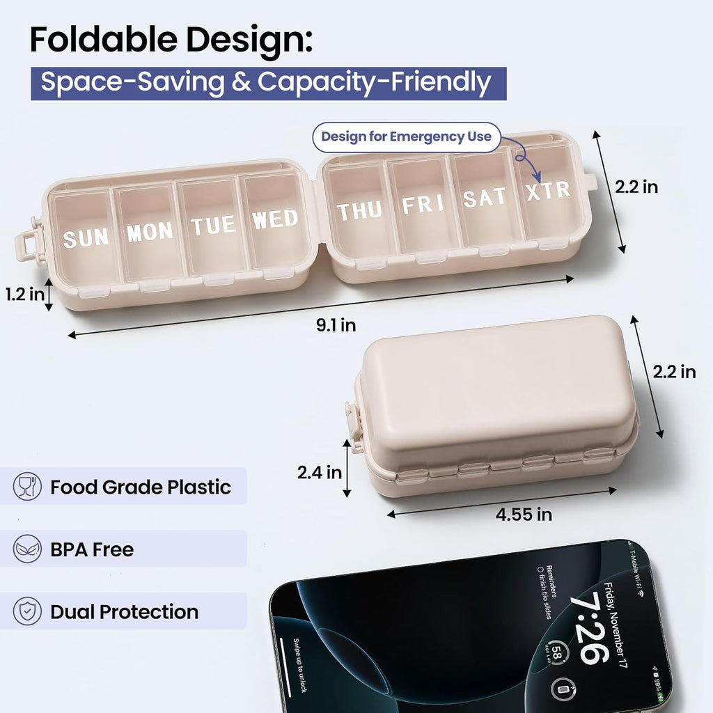Foldable 7 Day Pill Organiser – Large Compartments with Emergency Storage – Khaki