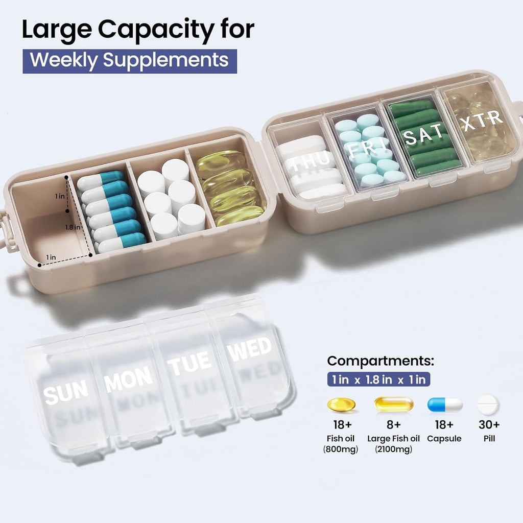 Foldable 7 Day Pill Organiser – Large Compartments with Emergency Storage – Khaki