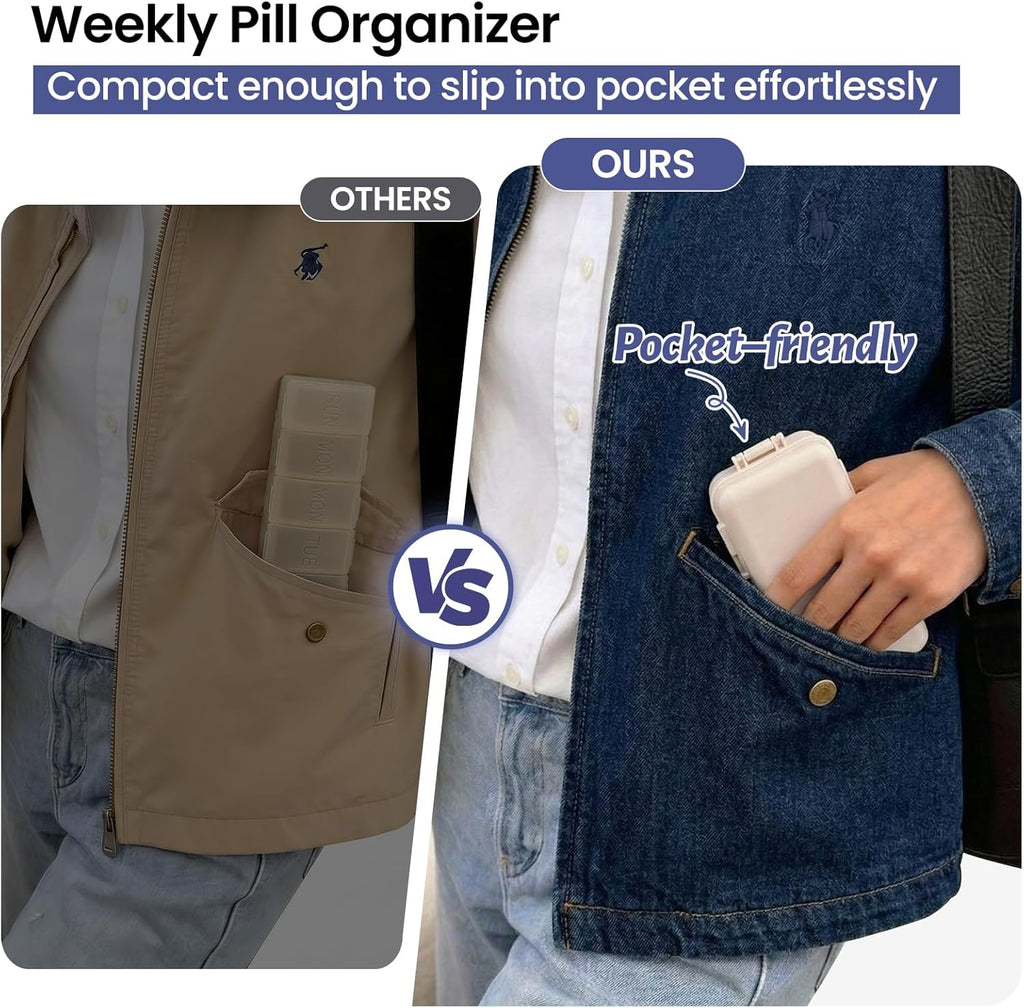 Foldable 7 Day Pill Organiser – Large Compartments with Emergency Storage – Khaki