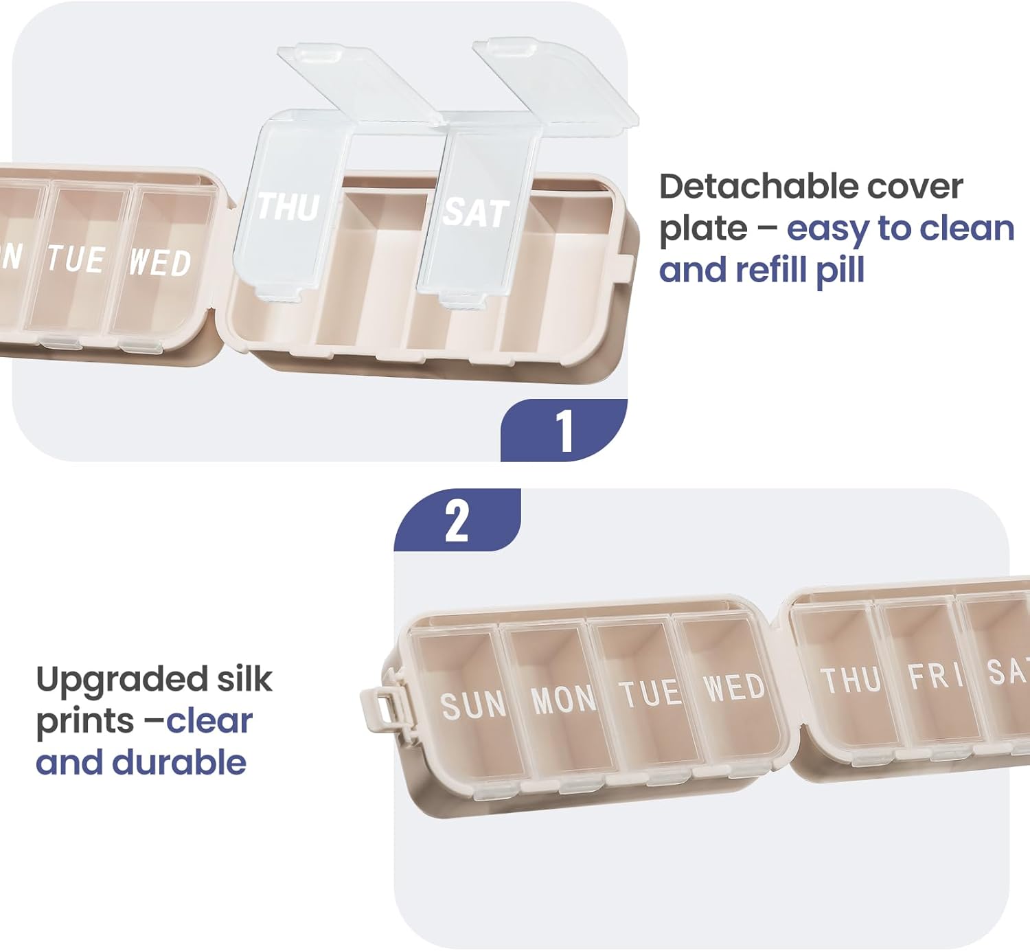 Foldable 7 Day Pill Organiser – Large Compartments with Emergency Storage – Khaki
