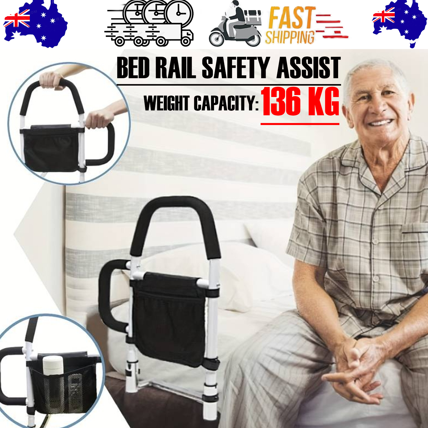 Bed Rail Safety Assist Rail with Storage Pocket – 136kg Capacity