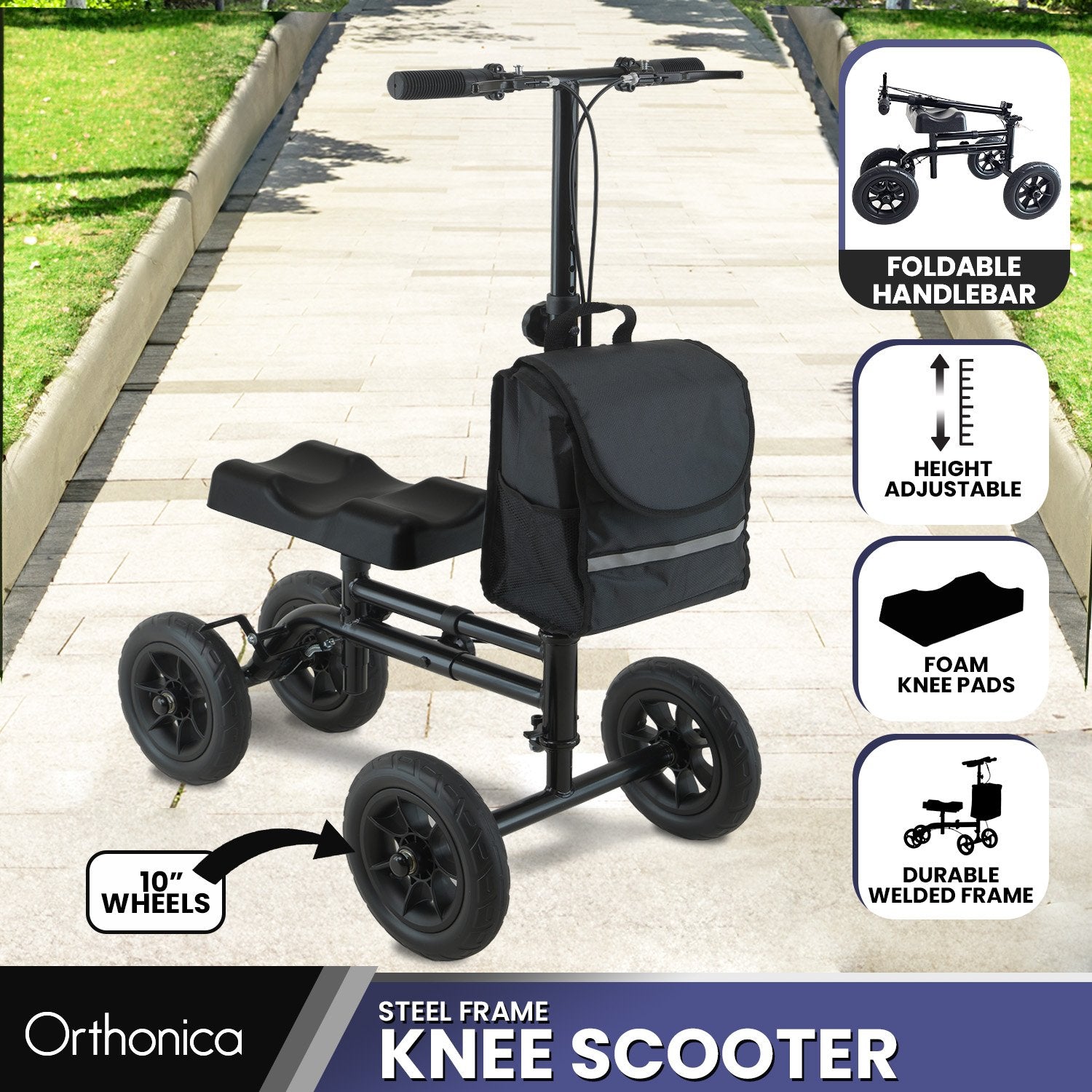 Orthonica Foldable Knee Scooter Walker – 10 inch Wheels, 136kg