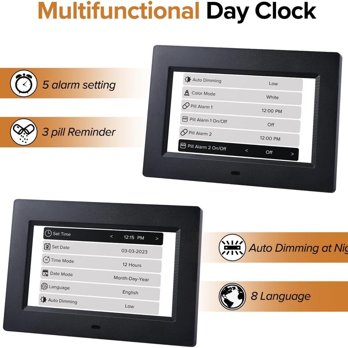 Digital Day Clock with Auto Dimming & Voice Assist