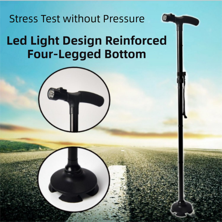 Folding LED Walking Cane – 4-Prong Base, Adjustable 88–98cm