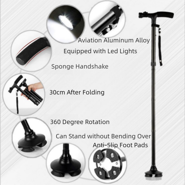 Folding LED Walking Cane – 4-Prong Base, Adjustable 88–98cm