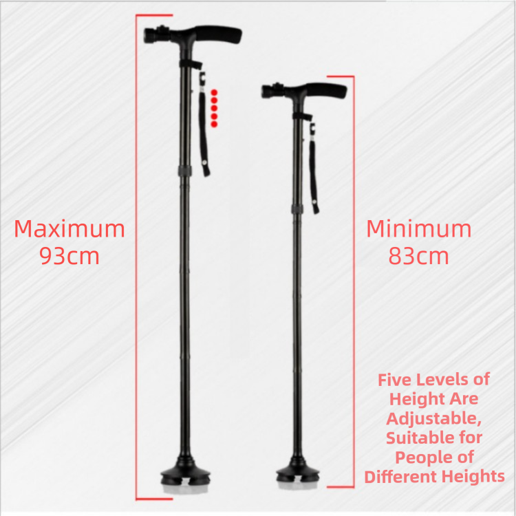 Folding LED Walking Cane – 4-Prong Base, Adjustable 88–98cm