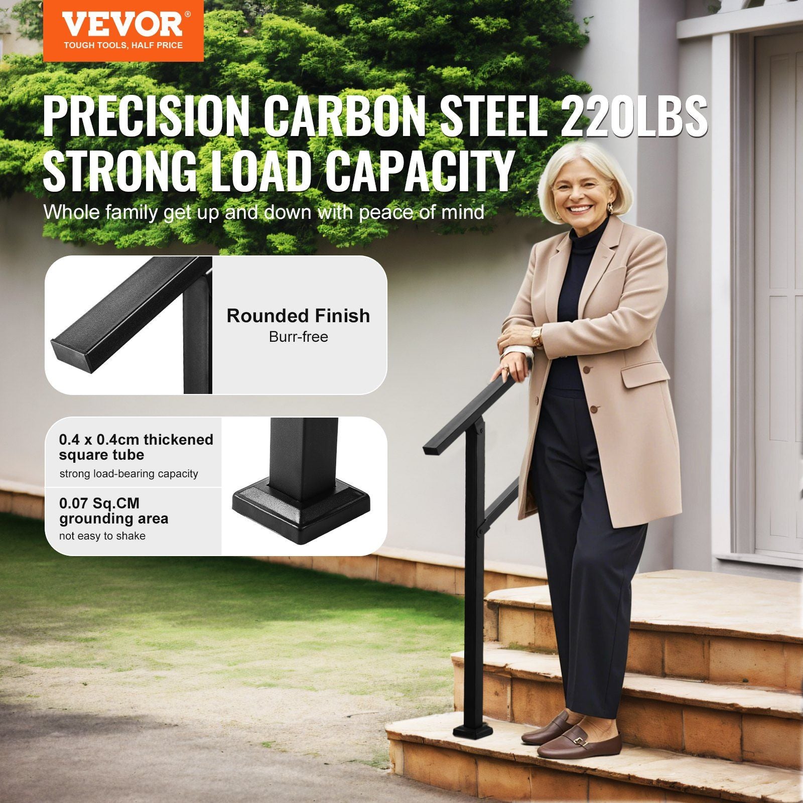 Outdoor Stair Handrail 2-3 Step with Horizontal Bar – Black