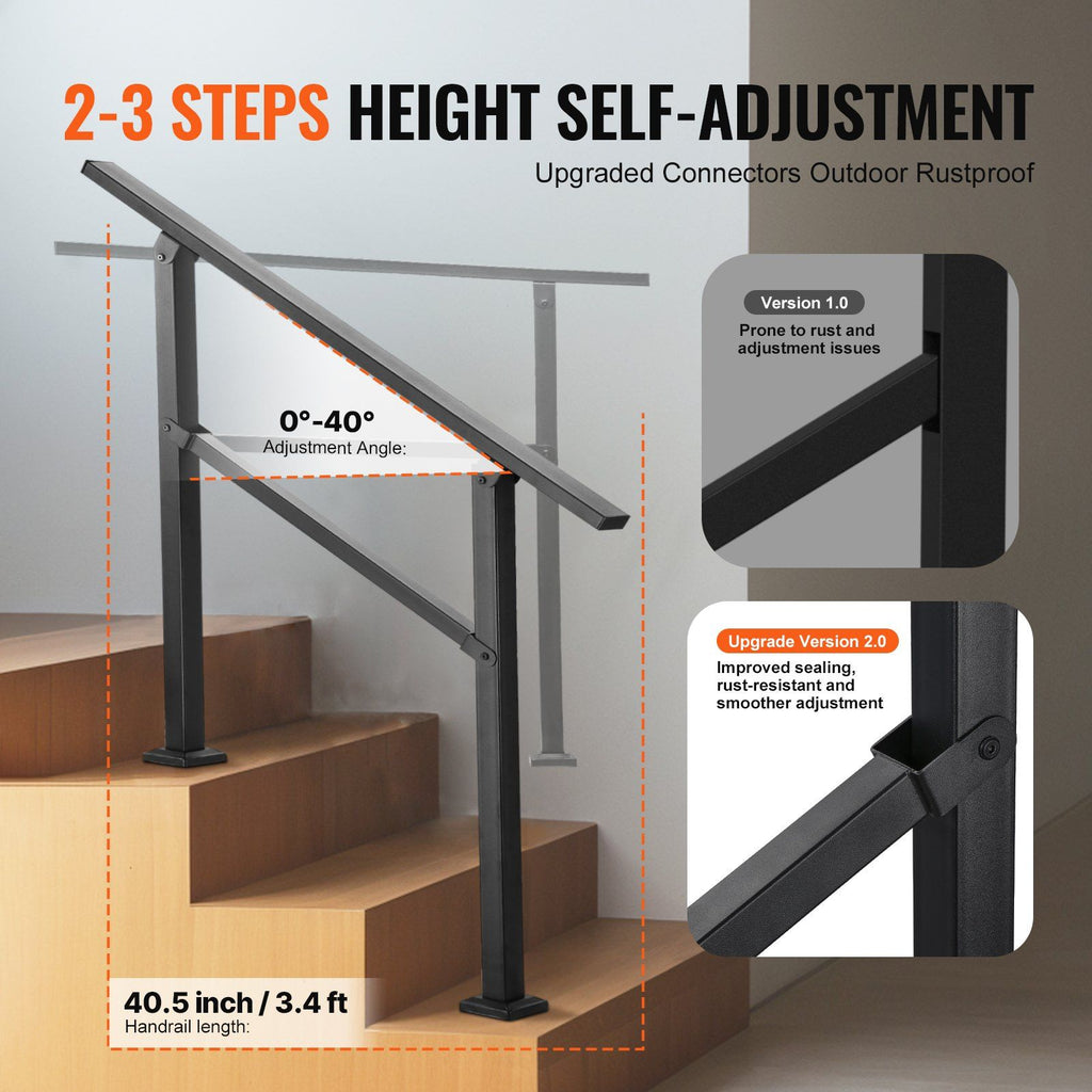 Outdoor Stair Handrail 2-3 Step with Horizontal Bar – Black