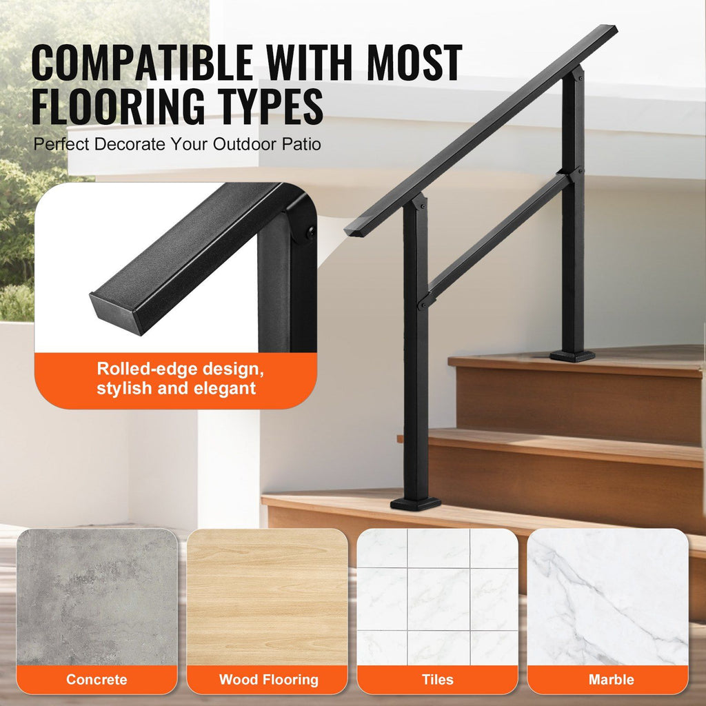 Outdoor Stair Handrail 2-3 Step with Horizontal Bar – Black