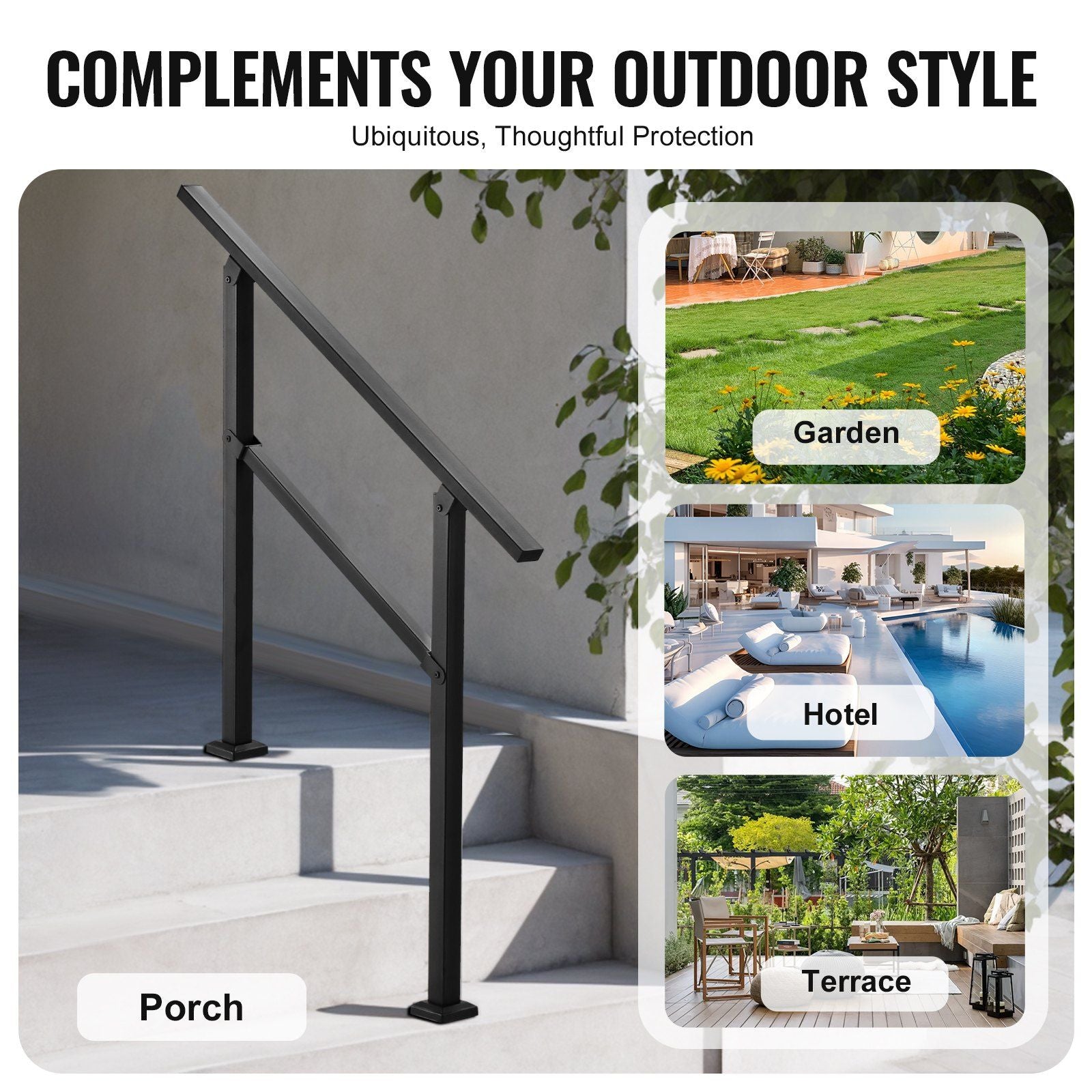 Outdoor Stair Handrail 2-3 Step with Horizontal Bar – Black