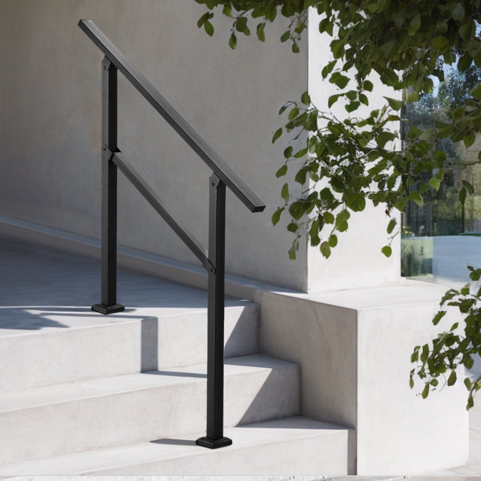 Outdoor Stair Handrail 2-3 Step with Horizontal Bar – Black