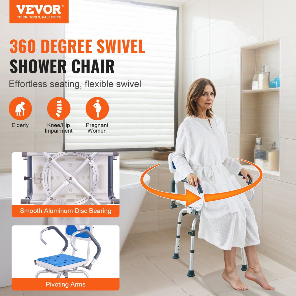 VEVOR 360° Swivel Shower Chair with Pivoting Arms – 400lbs