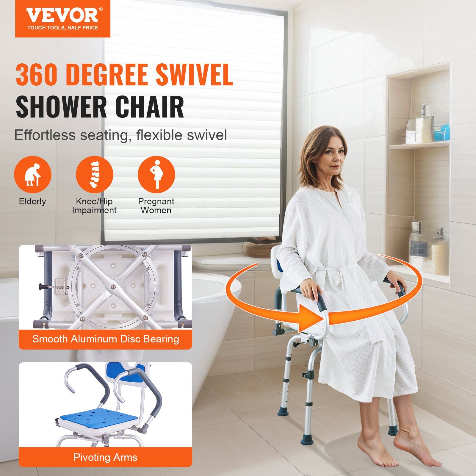 VEVOR 360° Swivel Shower Chair with Pivoting Arms – 400lbs