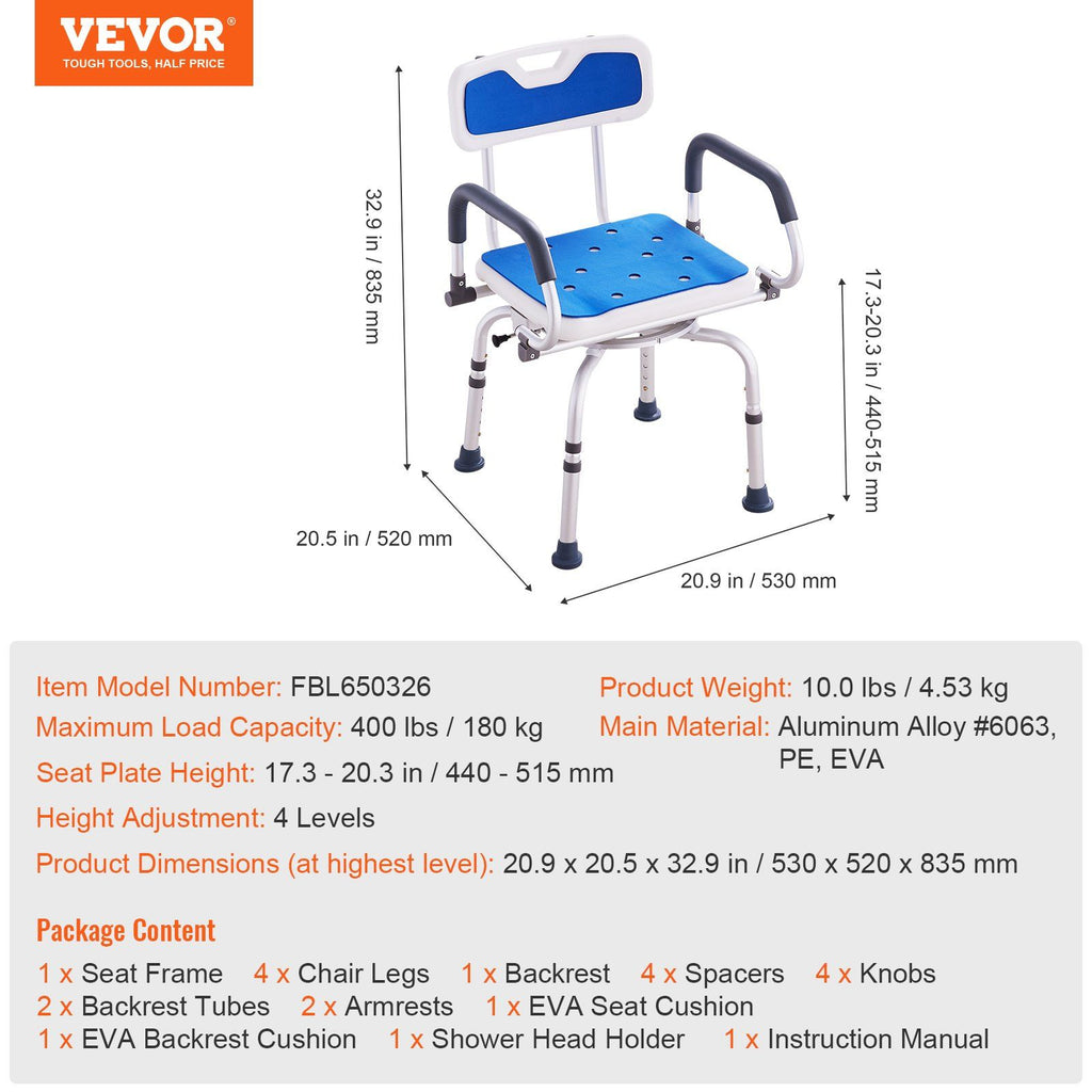 VEVOR 360° Swivel Shower Chair with Pivoting Arms – 400lbs