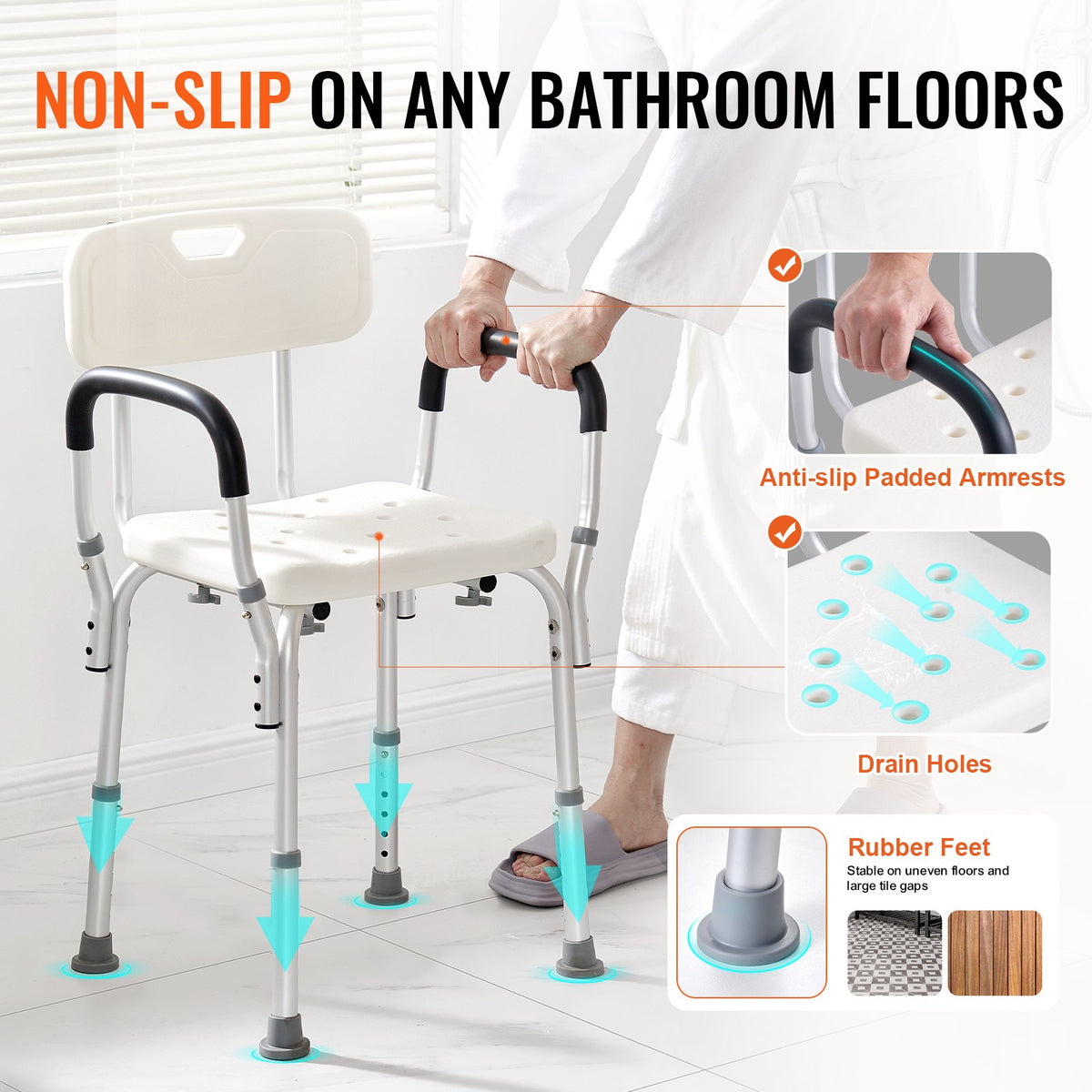 Adjustable Shower Chair with Back & Arms – 158.8kg Capacity