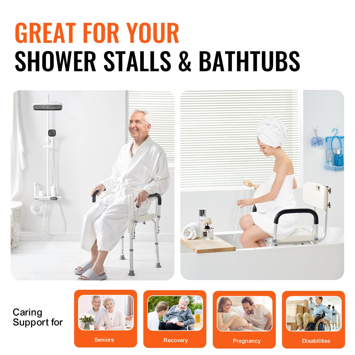 Adjustable Shower Chair with Back & Arms – 158.8kg Capacity