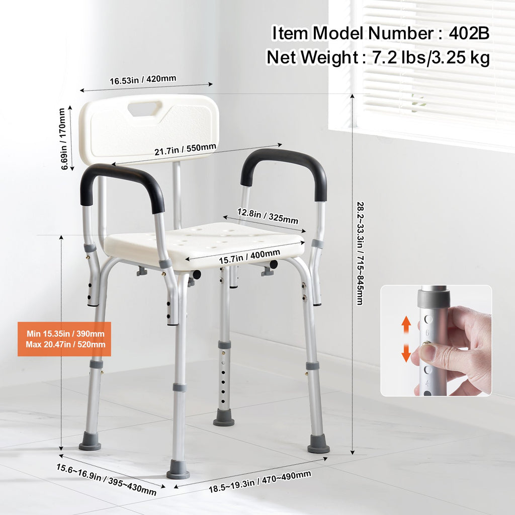 Adjustable Shower Chair with Back & Arms – 158.8kg Capacity