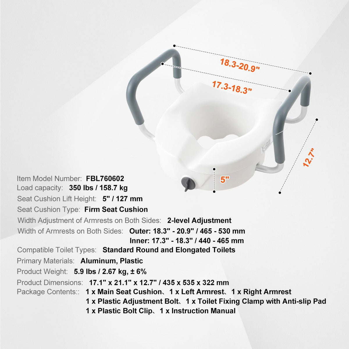 5-Inch Raised Toilet Seat with Padded Support Armrests – 159 kg Capacity