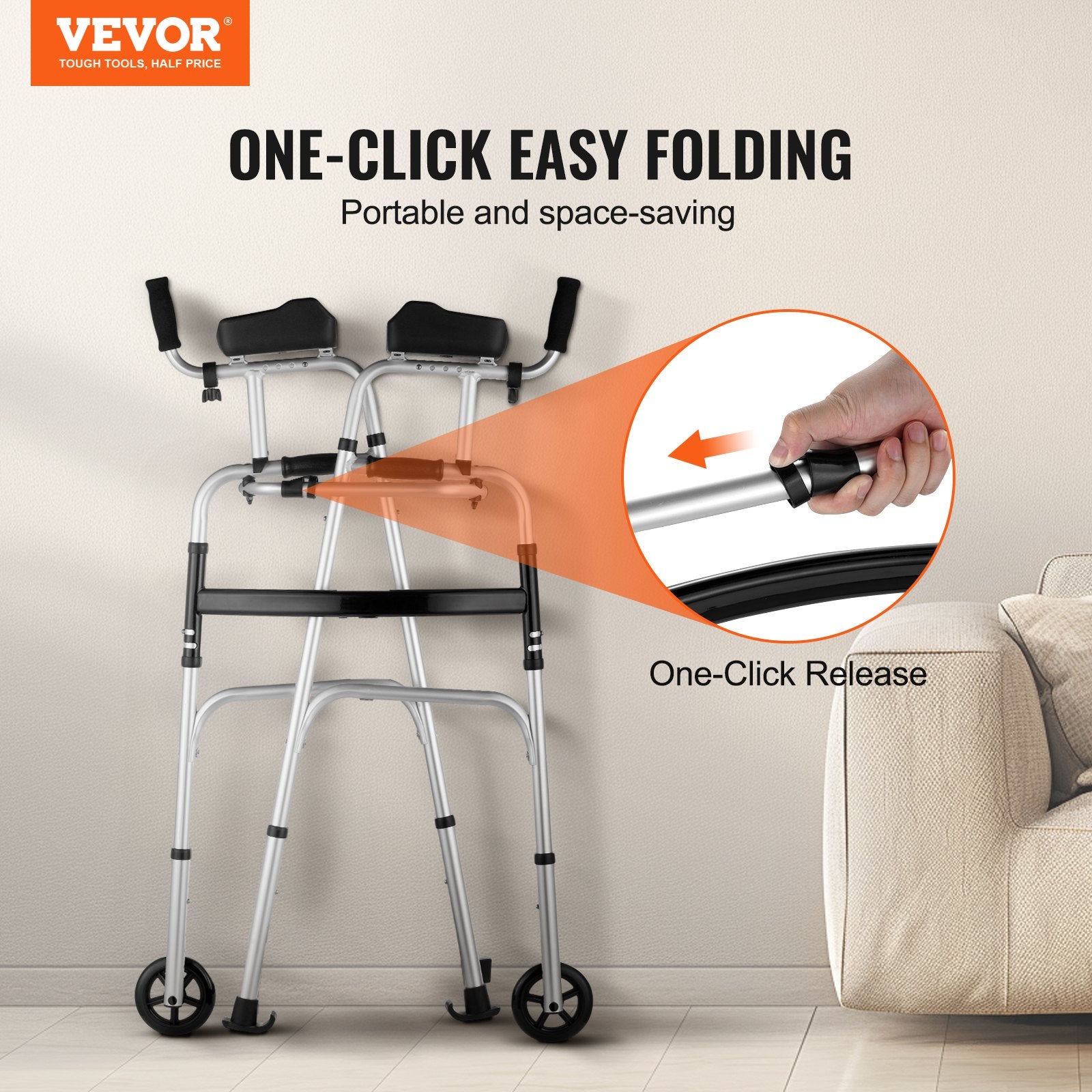VEVOR 2-in-1 Foldable Walker with Wheels & Armrests – 450lbs Capacity