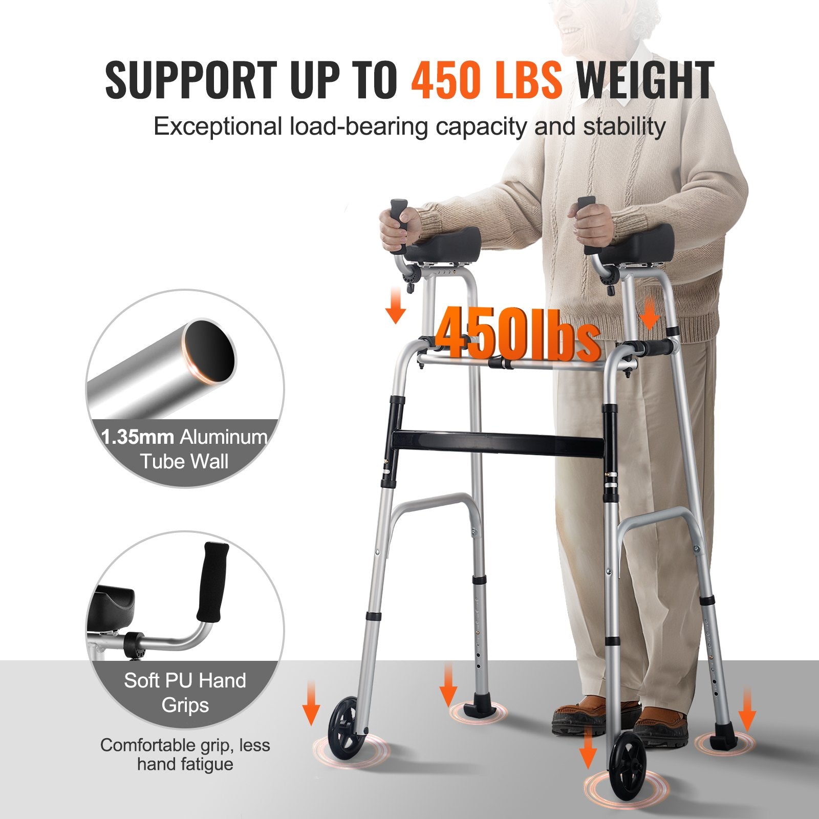 VEVOR 2-in-1 Foldable Walker with Wheels & Armrests – 450lbs Capacity