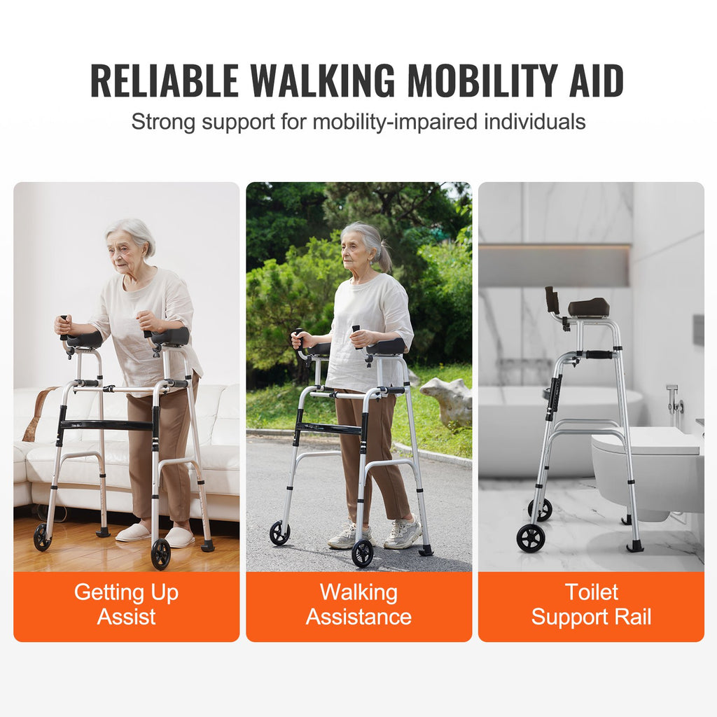 VEVOR 2-in-1 Foldable Walker with Wheels & Armrests – 450lbs Capacity