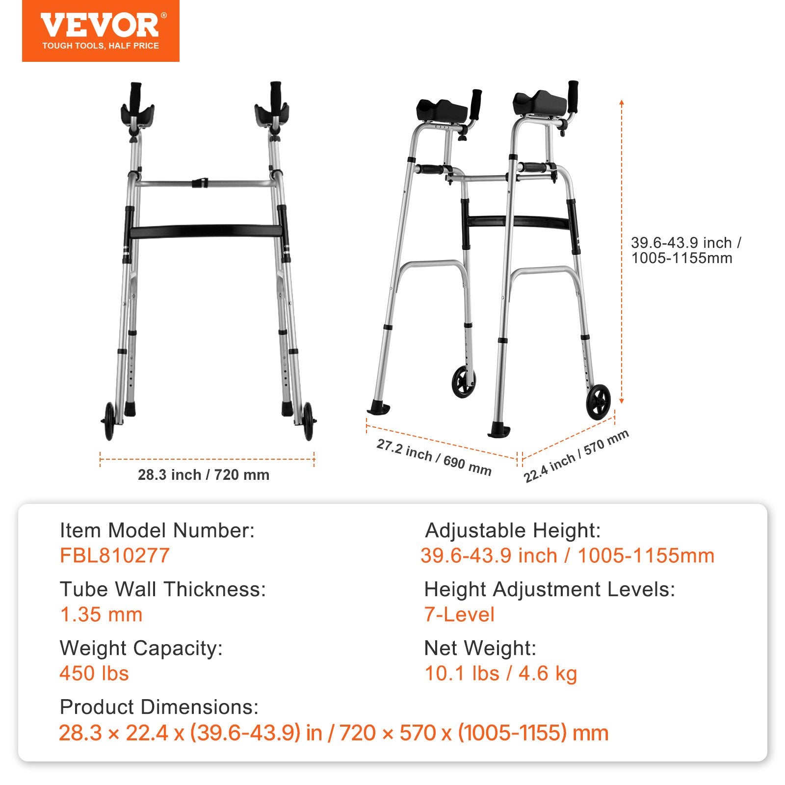 VEVOR 2-in-1 Foldable Walker with Wheels & Armrests – 450lbs Capacity