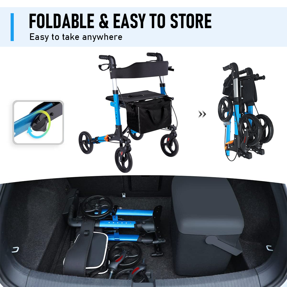 Alston 2-in-1 Foldable Rollator Walker & Seat – 136kg, Blue